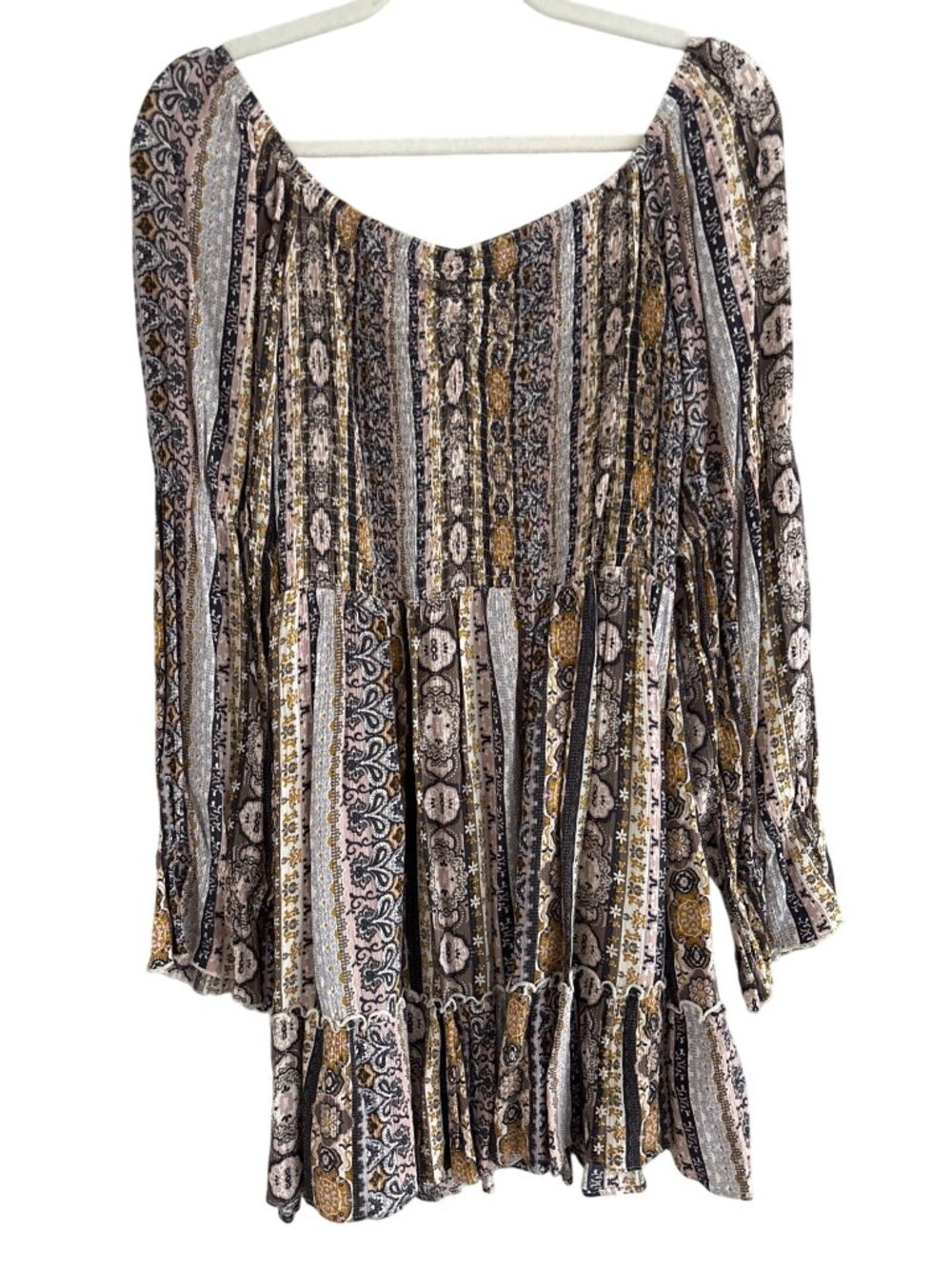Justily Tunic Dress Large Floral Smocked Long Sleeves Multicolor Bohemian Hippie